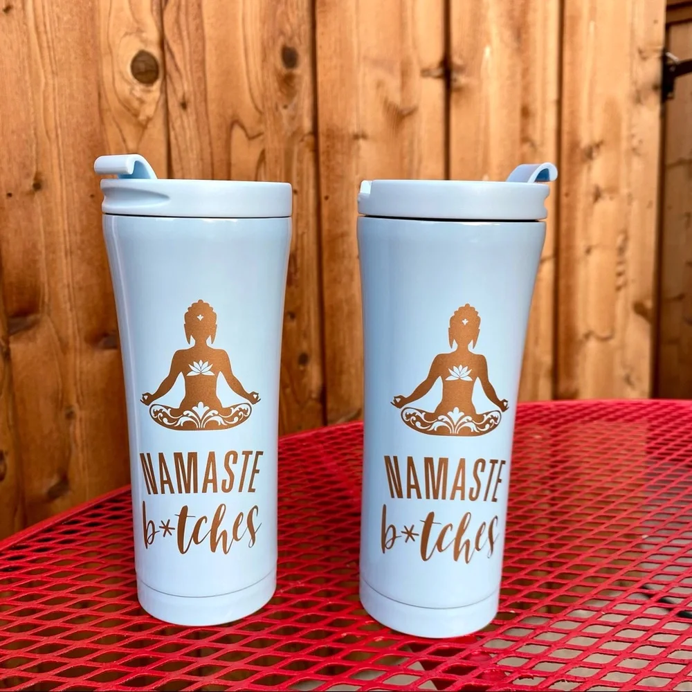 Baby Blue Tumbler, Namaste. Convenient lid that flips open and closed.